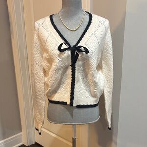 Mine Elegant Tie Front Long Sleeve Cardigan Crochet Knit with Black Trim